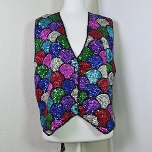 Vintage Ana Mori Multicolor Sequin Vest Scallop Pattern Festival Party Top